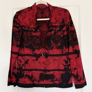 Ming Wang Red Black Textured Knit Blazer Jacket Womens Medium Floral Button